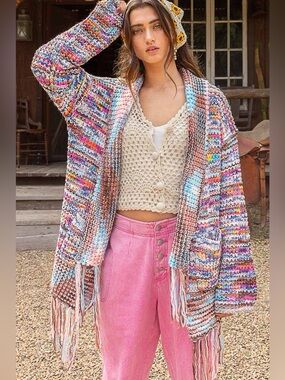 POL Multicolor Fringe Open-Front Knit Cardigan